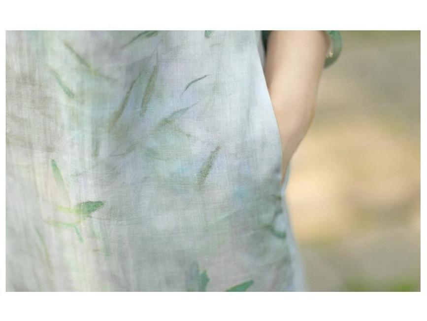 V-neck A-line Dress with Literary Bamboo Leaf Print and Frog Buttons