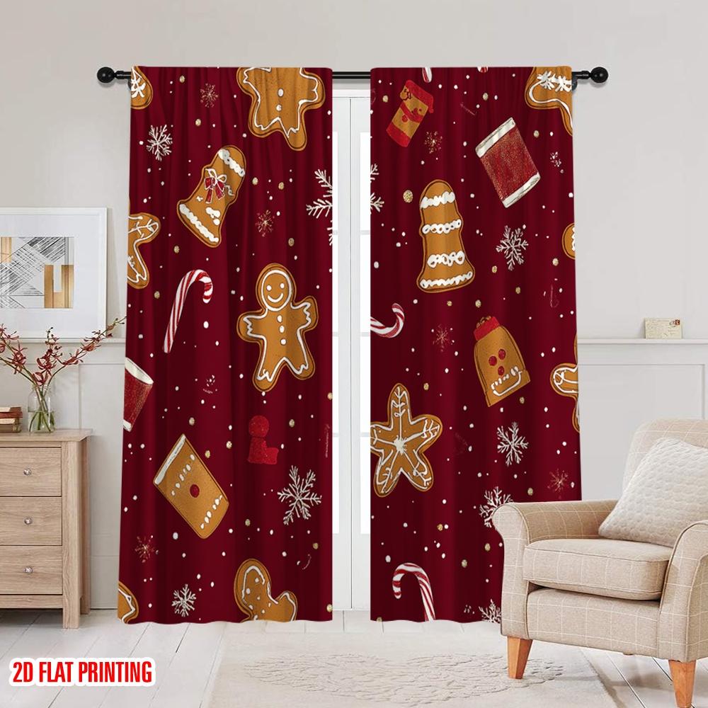 2pcs,2D Plane Printing Curtains Christmas Cookies Snowflakes Candy (4) Polyester (without Rod) Decorations For Home for Room,