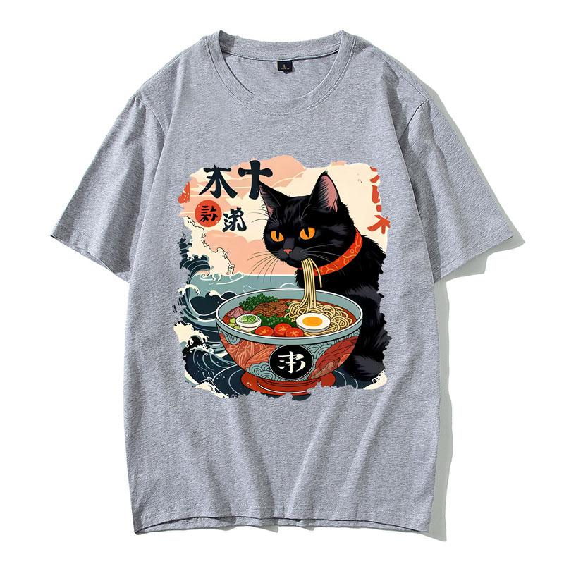 2025 Sommer Lustige Anime Ramen Katze Meme Vintage Japanisch Kawaii Nudelkatzen Grafik T-Shirts Herren Damen 100% Reine Baumwolle T-Shirt