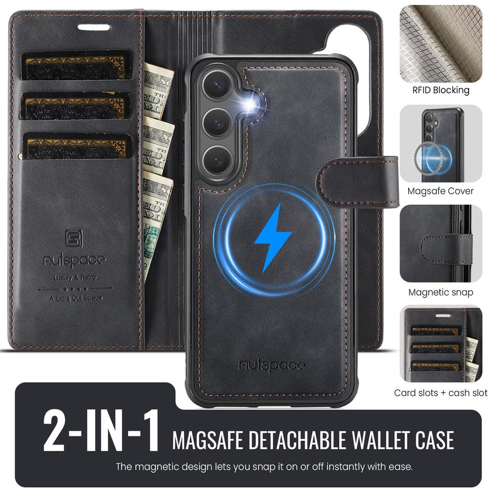 2-in-1 Magnetic Detachable Wallet Case for Samsung Galaxy S24/S24 Plus/S24 Ultra - PU Leather, Card Slots, Wireless Charging, 360° Protection