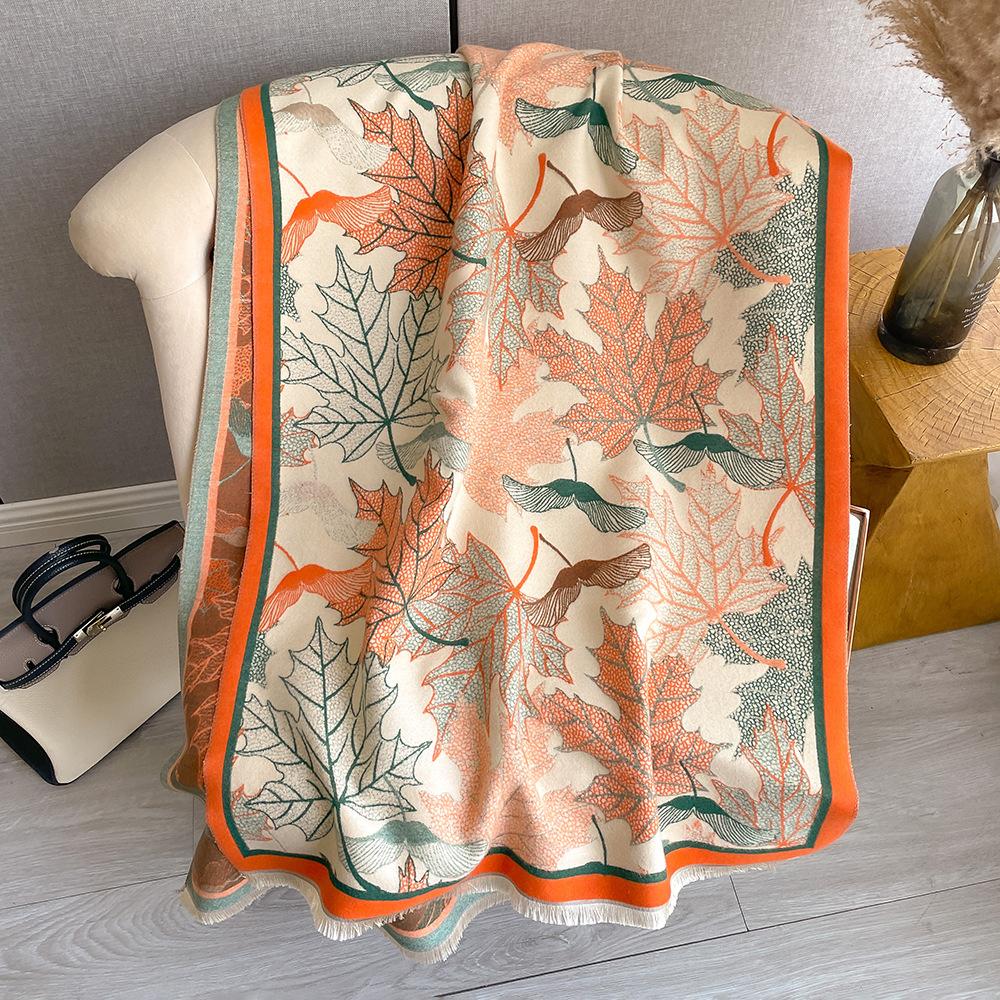 Winter Literary Imitation Cashmere Scarf Women'S Elegant Maple Leaf Printing Scarf Thickened Warm And Windproof Versatile Shawl