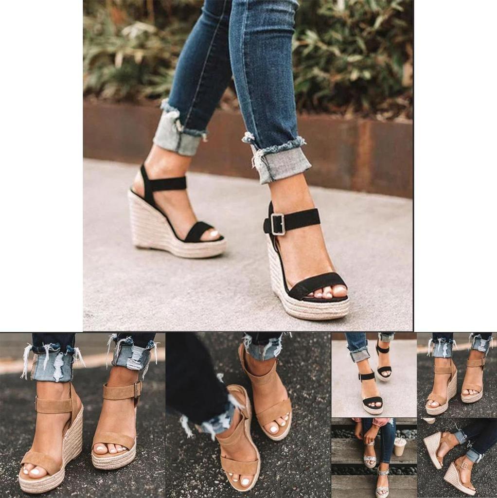 Elegant Summer Hemp Ladies Peep Toe Rope Wedge Sandals With Buckle Ankle Strap