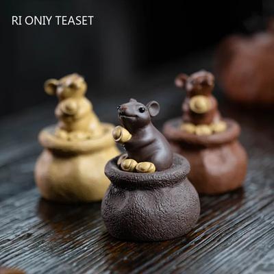 Decoração de Animal de Estimação de Chá Yixing de Argila Roxa Feito à Mão Enfeites de Rato da Sorte para Mesa de Escritório Escultura de Estatueta de Chá para Casa Decoração Artesanato
