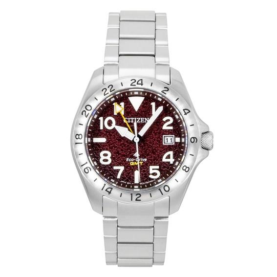 Citizen Promaster Land GMT Analog Stainless Steel Red Dial Eco-Drive BJ7150-50W 200M Men's Watch