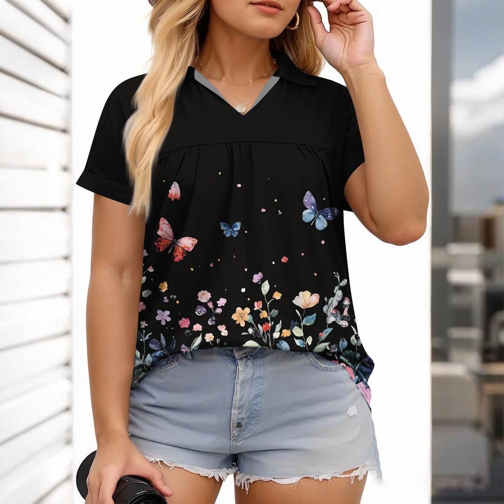 Women's Fashion Casual Printed V-Neck Short Sleeve Large Size T-Shirt Top