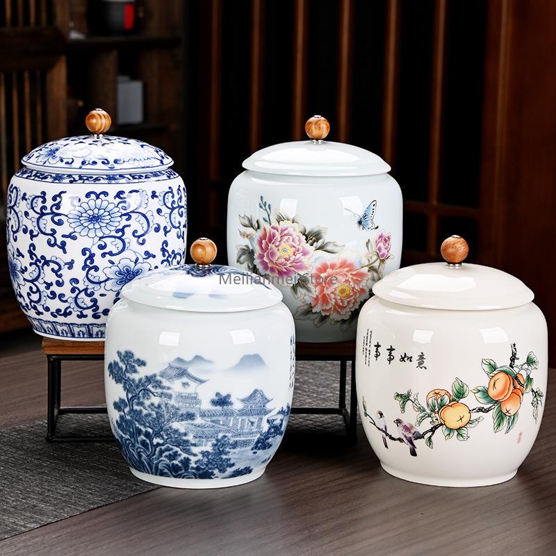 Ceramic Tea Caddy Universal Sealed Multifunctional Storage Tank Mountain Water Blue and White Porcelain Tea Box Storage Jar
