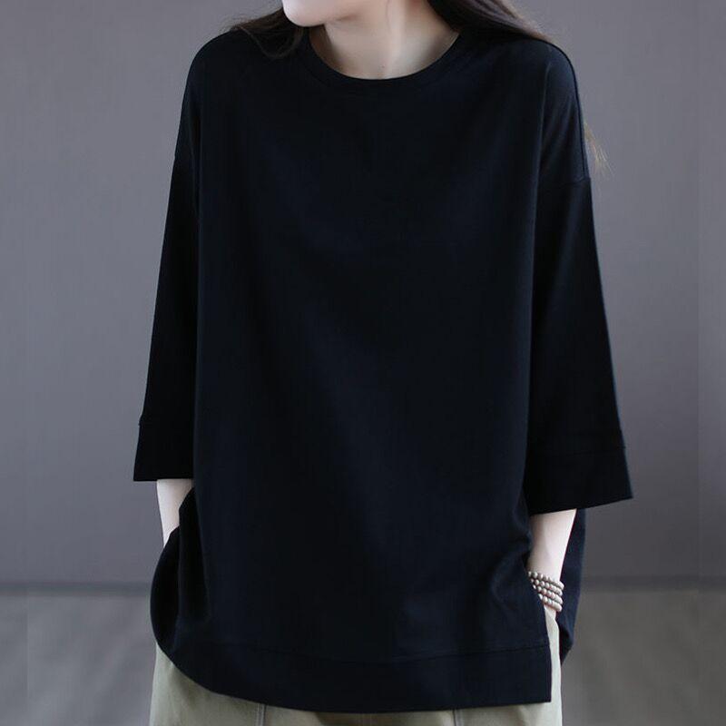 Cotton Seven Quarter Sleeved T-shirt for Women's Short Sleeved Summer 2026 New Loose Base Shirt with Solid Color Inside To Make You Look Slimmer