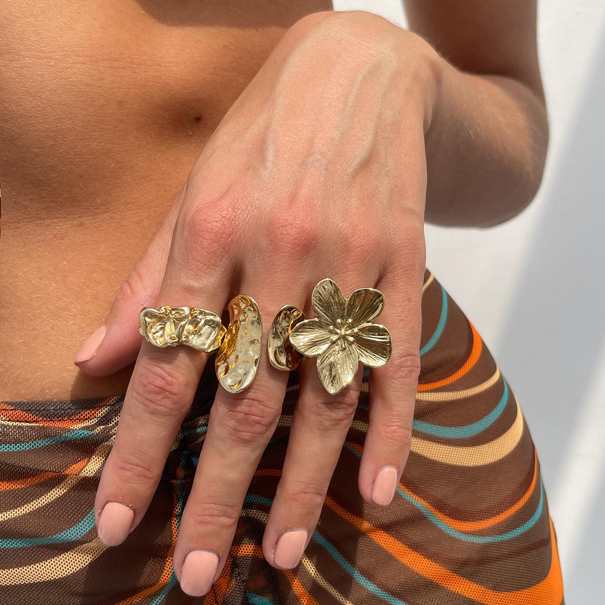 Baroque Imitation Pearl Set Gemstone Ring, Design Liquid Lava Flower Opening Ring