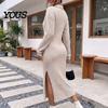 Daily Wear Dresses Women Knit Sweater Dress for Fall Winter, Ribbed Long Sleeve with Solid Color Side Split, Casual Collared V Neck Midi Machine
