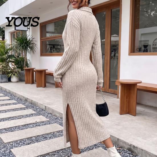 Daily Wear Dresses Women Knit Sweater Dress for Fall Winter, Ribbed Long Sleeve with Solid Color Side Split, Casual Collared V Neck Midi Machine