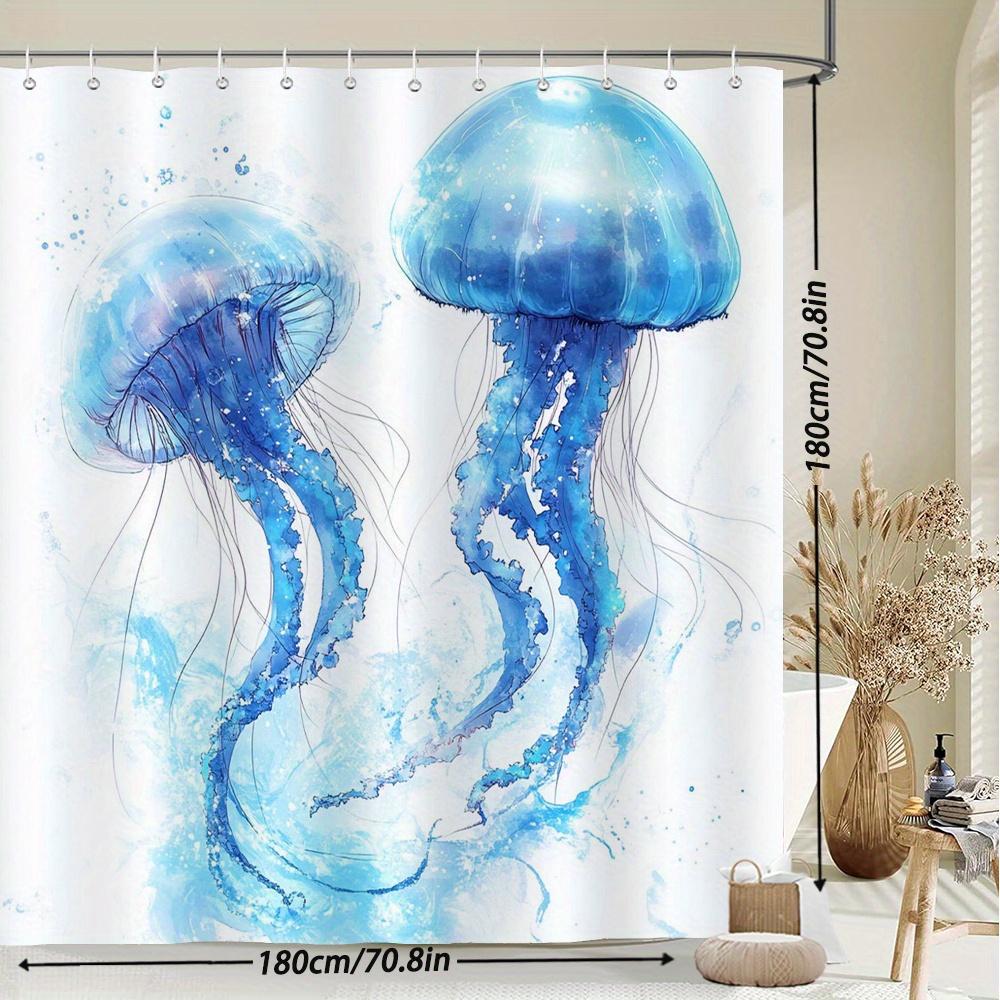 Watercolor Jellyfish Shower Curtain – 2 Blue Translucent Medusae, 2D Flat, 12 Hooks, 70.8×70.8 In, Polyester, Machine Washable