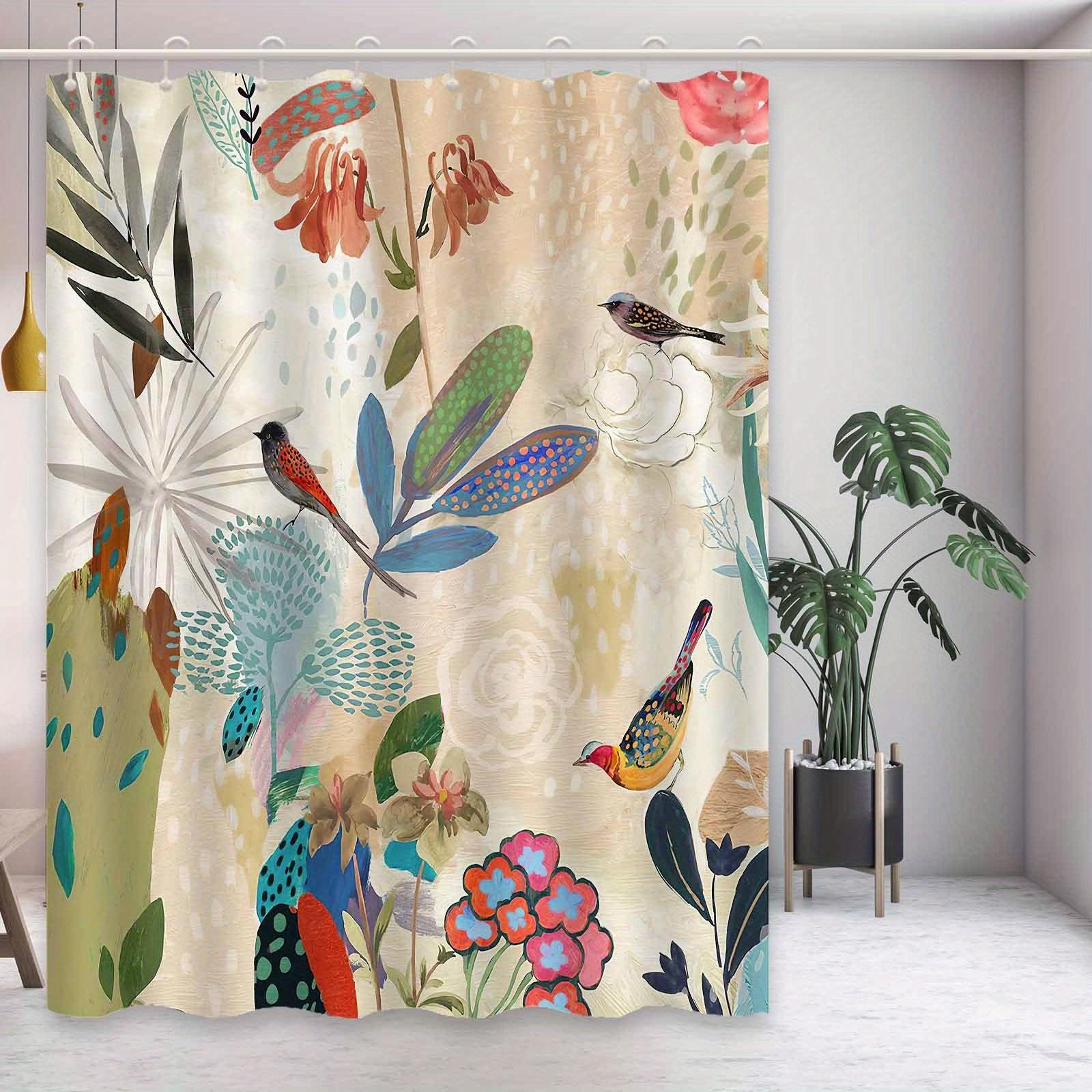 

Elegant Vintage Floral & Bird Shower Curtain, Machine Washable, Artistic Bathroom Decor, Vibrant Plant & Flower Design W60H190(CM)-1 Pcs