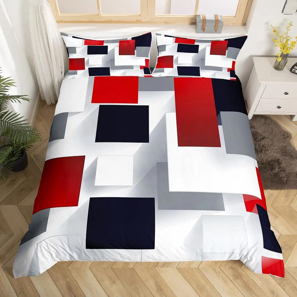 Abstract King Duvet Cover Modern Geometric Grid Square Bedding Set Red and Black Neon Light Line Geometry Themed Quilt Cover
