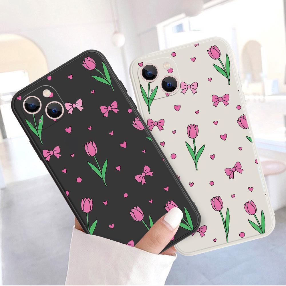 Ins Style Women's Tulip Mobile Phone Case Is Suitable for Apple 17Pro Straight Edge Soft Case Iphone16 Mobile Phone Case.
