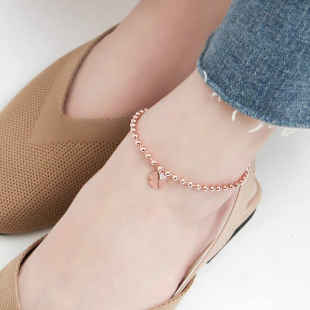 Four-leaf clover 14kg ball chain rose gold anklet Jr357