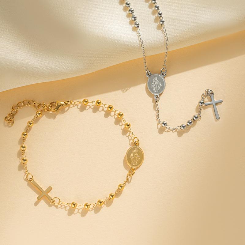 3/4/6Mm Round Bead Necklace Titanium Steel Virgin Mary Cross Stainless Steel Buddhist Beads Necklace Light Luxury Jewelry