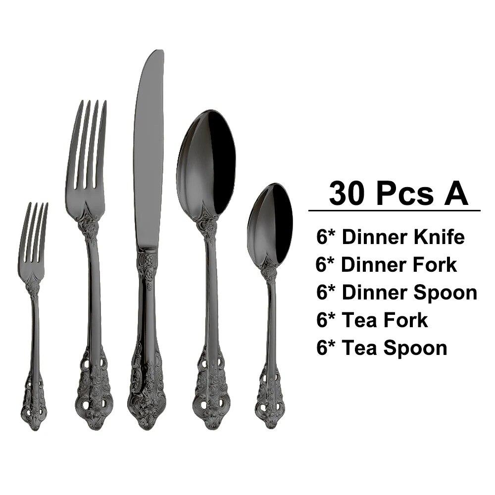 24/30Pieces Gold Cutlery Set Stainless Steel Vintage Western Dinnerware Luxury Tableware Engraving Forks Knive Spoons Sliverware