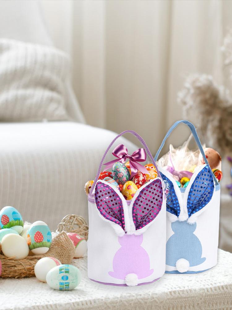 2PCS Easter Bunny Basket with Handle Cute Empty Bunny Basket with Light Up Ears for Easter Party Favors Decorations