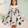 Girls High Neck Long Sleeve Blue White Printed A Line Flared Dress With Fur Trim And Bow