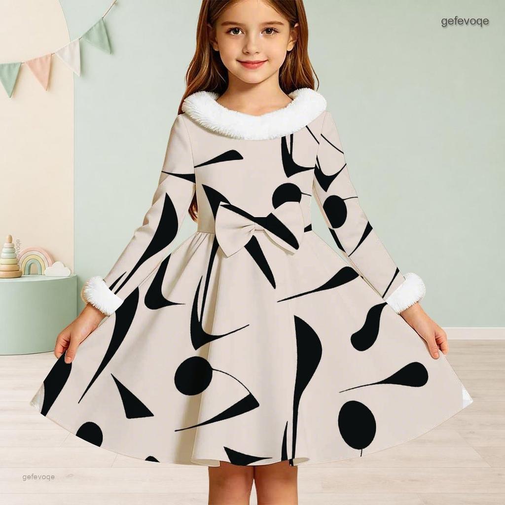 Girls High Neck Long Sleeve Blue White Printed A Line Flared Dress With Fur Trim And Bow