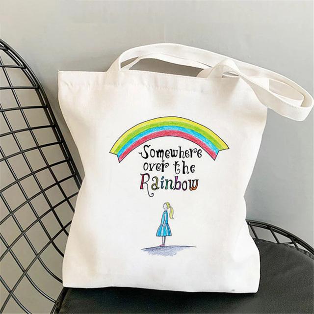 Cute Rainbow Shopping Bags Eco Shopper Canvas Jute Bag Reusable Woven Bag Funny Women'S Shoulder Bags Kawaii Girls