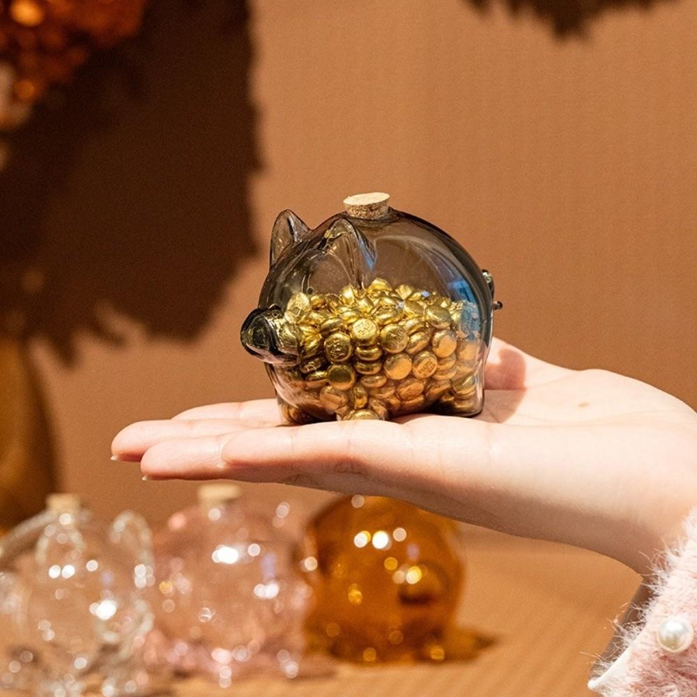 Visible Coins Saving Box Transparent Glass Money Jar Golden Beans Container  Desktop Use