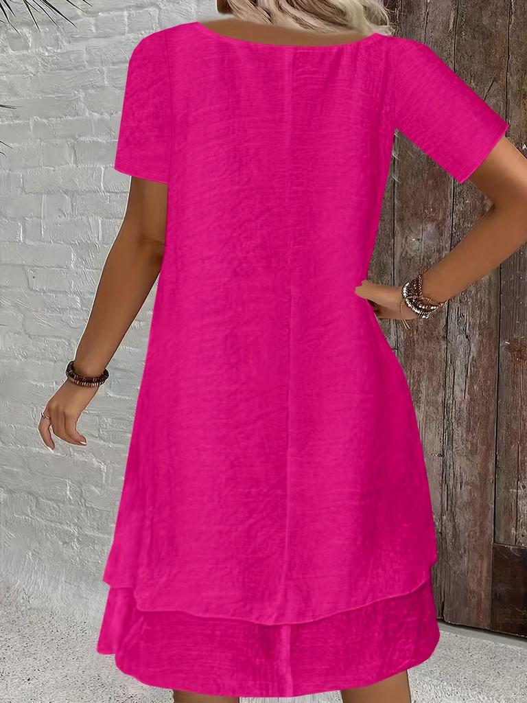 Spring/Summer Women's Casual Loose Short Sleeve Solid Color Layered Dress