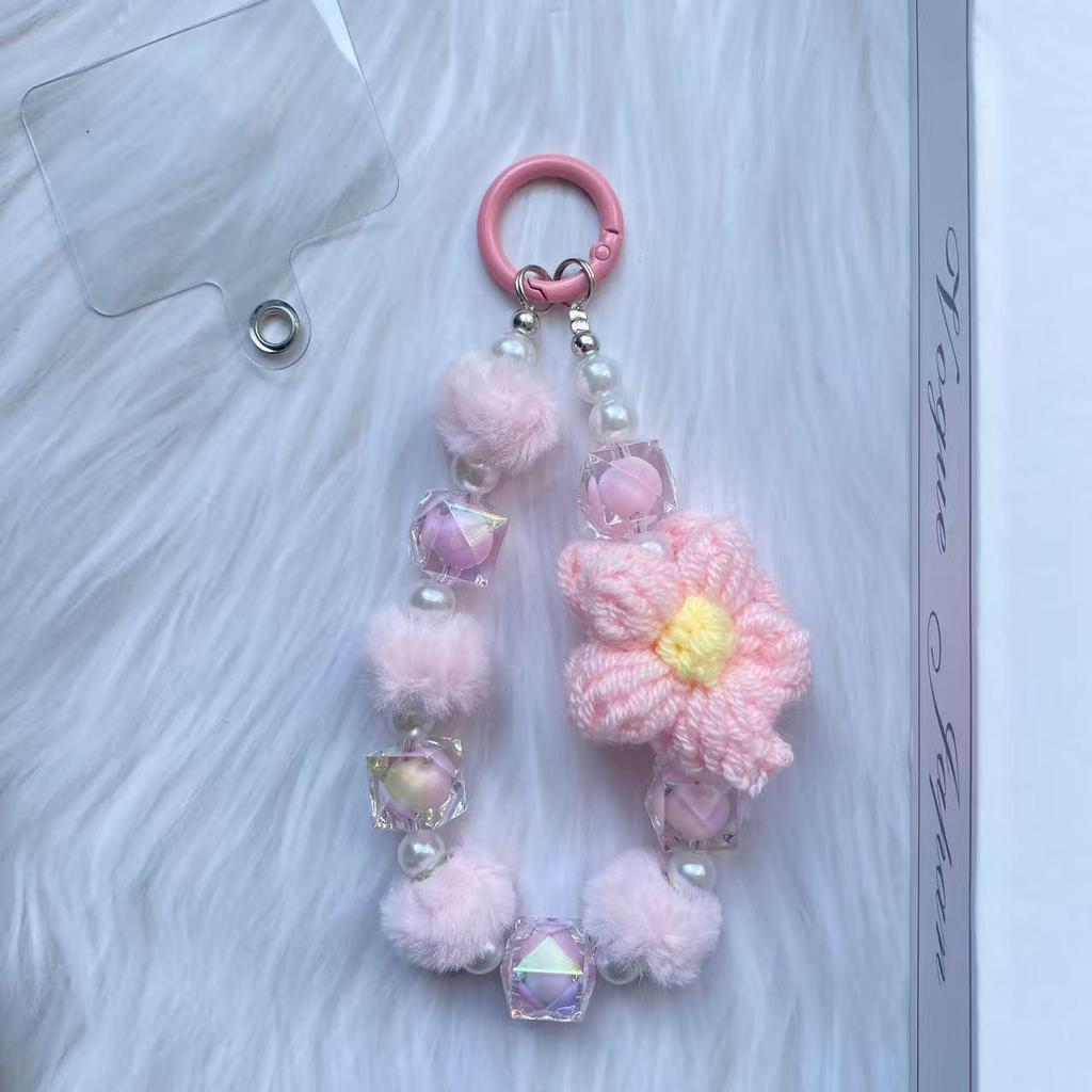 Wool Flower Beaded Phone Chain & Keychain: Cute Plush Bracelet & Bag Pendant Accessory