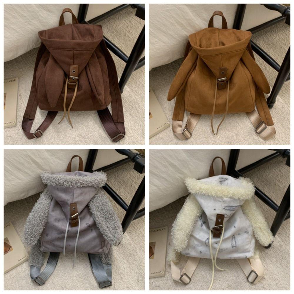 Unique Hooded Ears Backpack Bunny Ear High Capacity Cute Drawstring Daypack Trendy Retro Fashionable School Bag Casual Outing