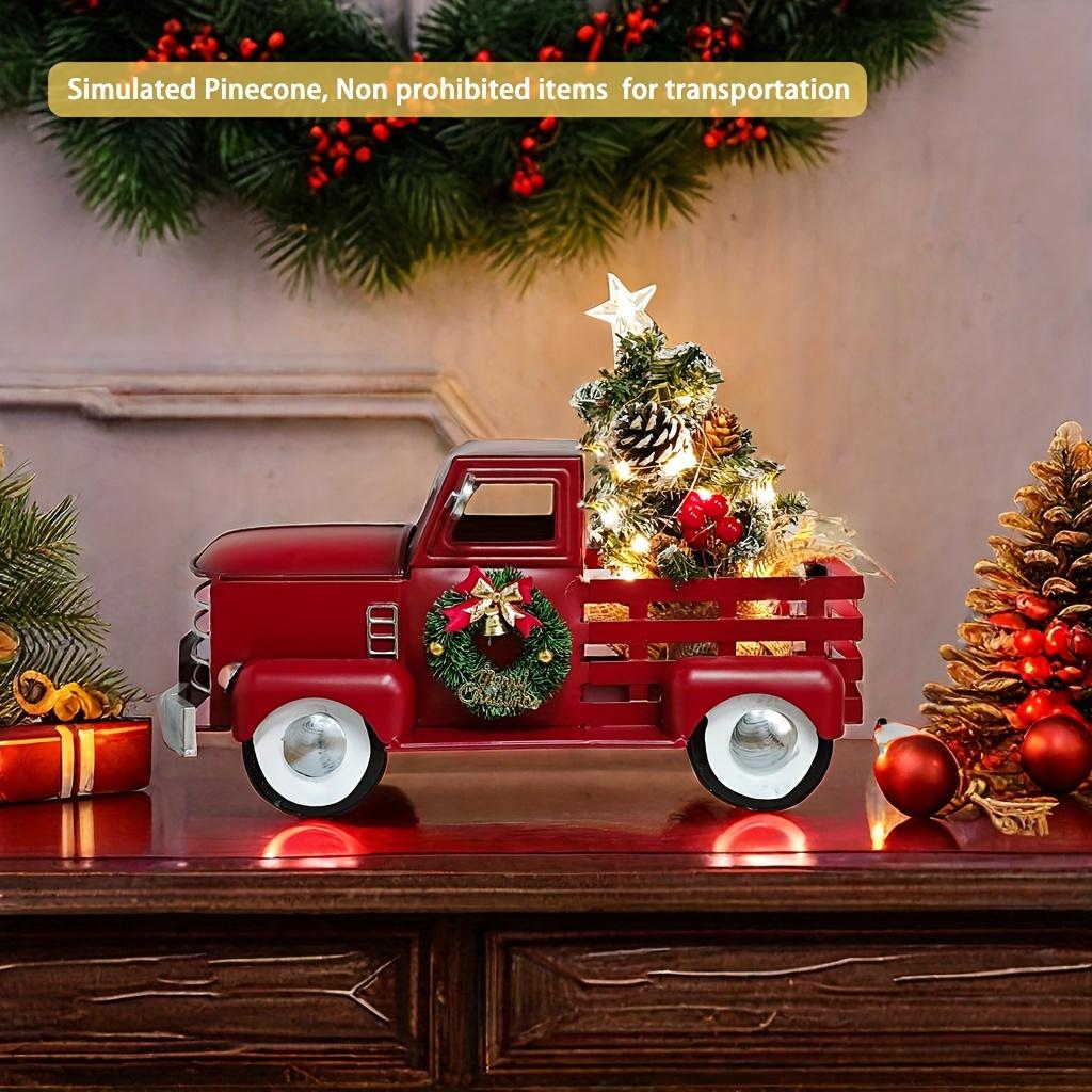 Decor Camion Roșu Vintage de Crăciun cu Lumini Albe Calde Intermitente - Stil Rustic de Fermă, Pickup Metalic cu Brad pentru Casă de Sărbători, Idee de Cadou Unică