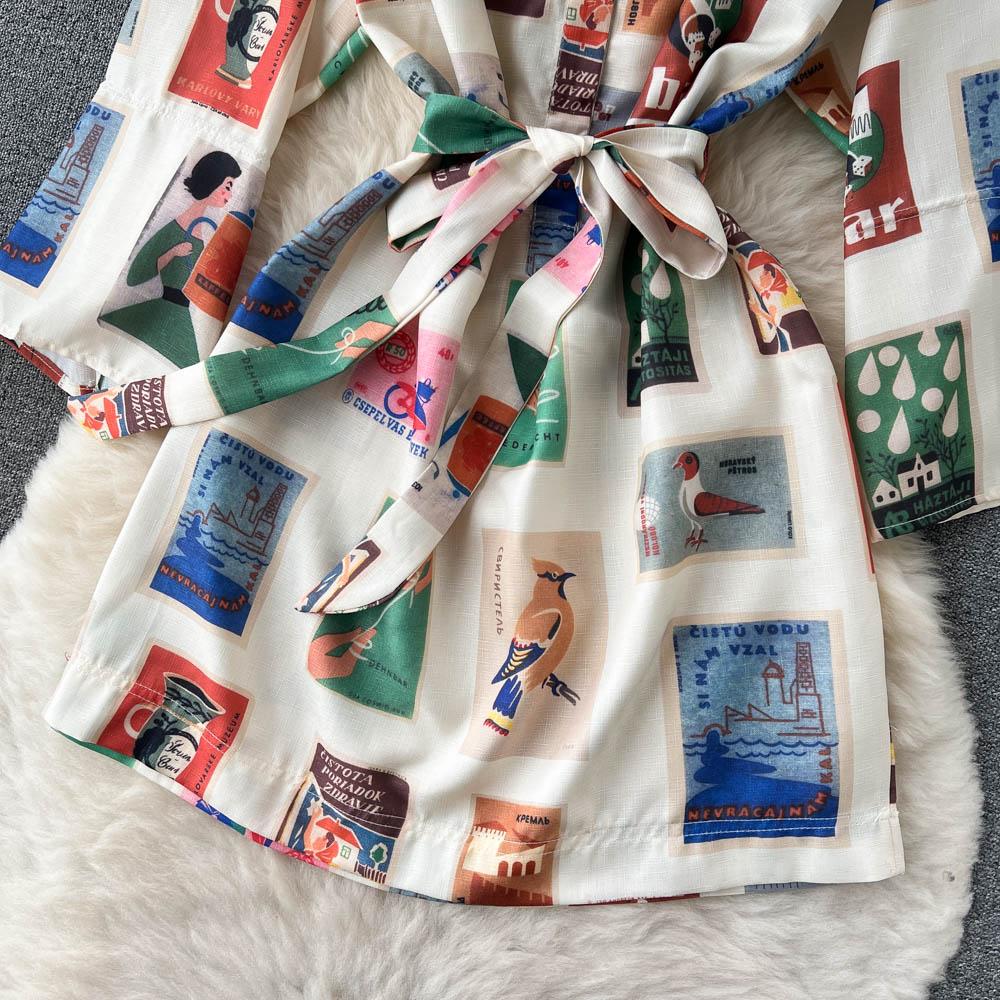 RUGOD Europe and the United States Design Sense Print Dress Women's Lace-up Waist Slimming Western-style Long-sleeved A-line Dress