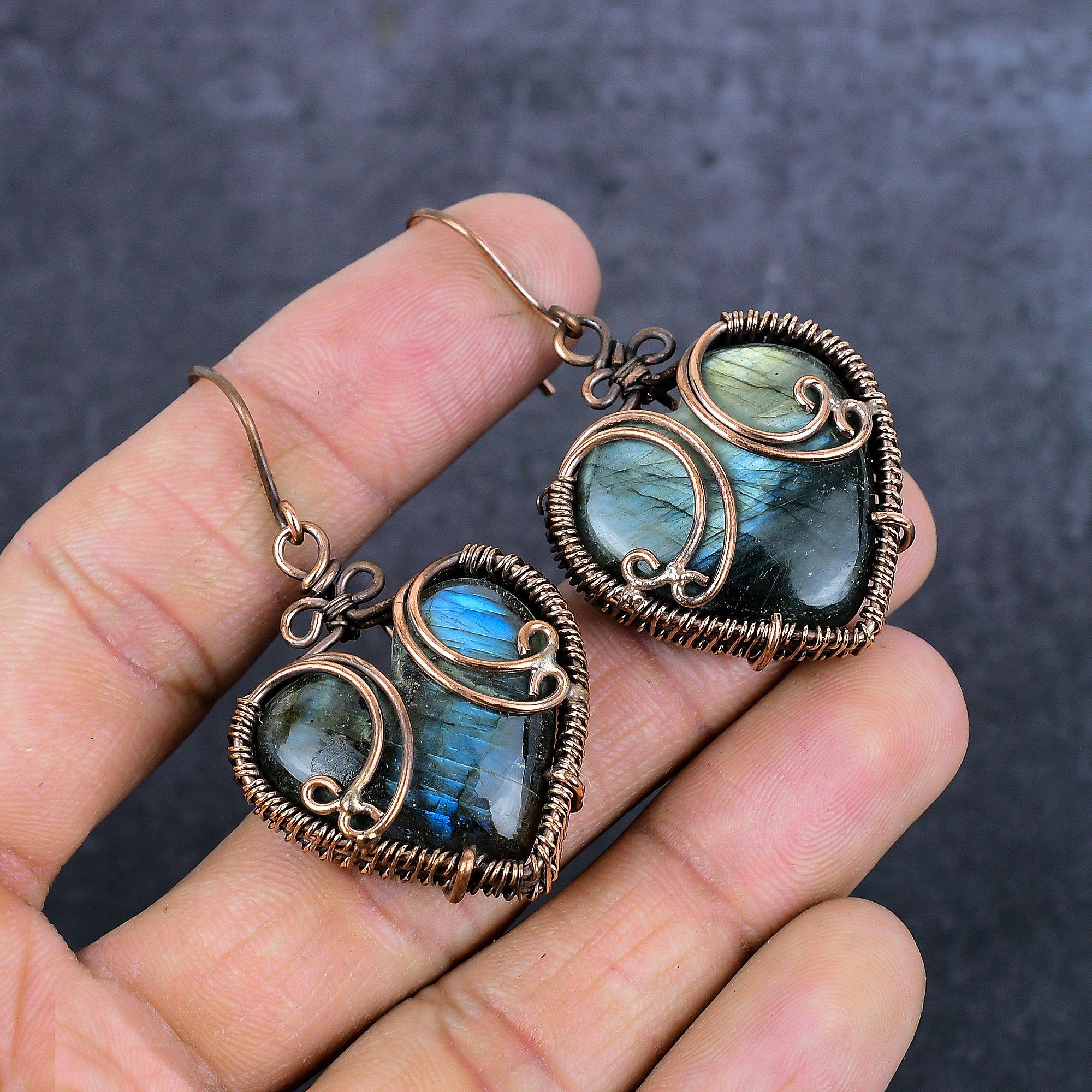 

Natural Labradorite Gemstone Copper Wire Wrap Jewelry Earring 2.21 s1z87