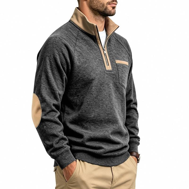 Men S Casual Loose Fleece Stand Collar Color Block Long Sleeve Sweatshirt