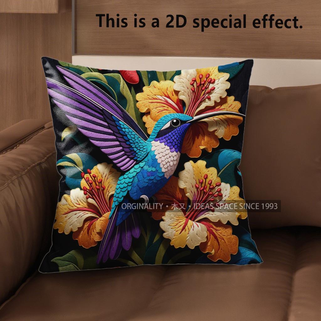 2D Vibrant Hummingbird Floral Throw Pillow Covers** Pattern Cushion Cover Suitable For Sofa Bedroom Car Pillow Cover