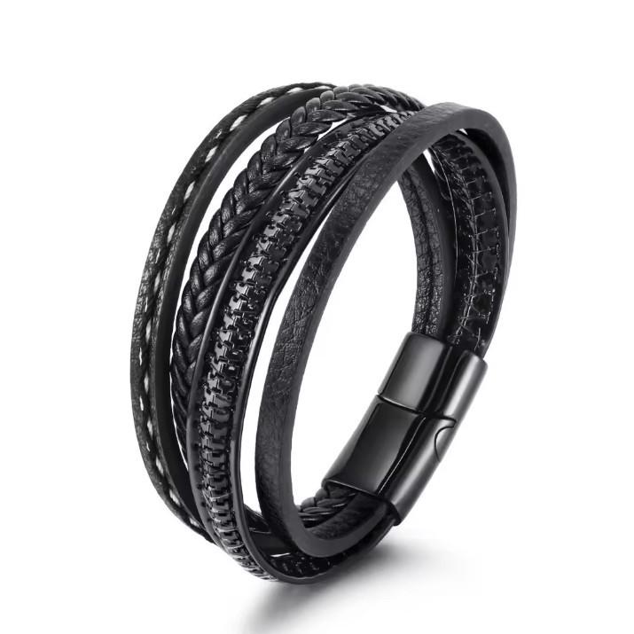 Men's Multi-Layer Braided Leather Bracelet with Magnetic Clasp