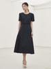 Nub Round Neck Shirring Point Dress - Navy