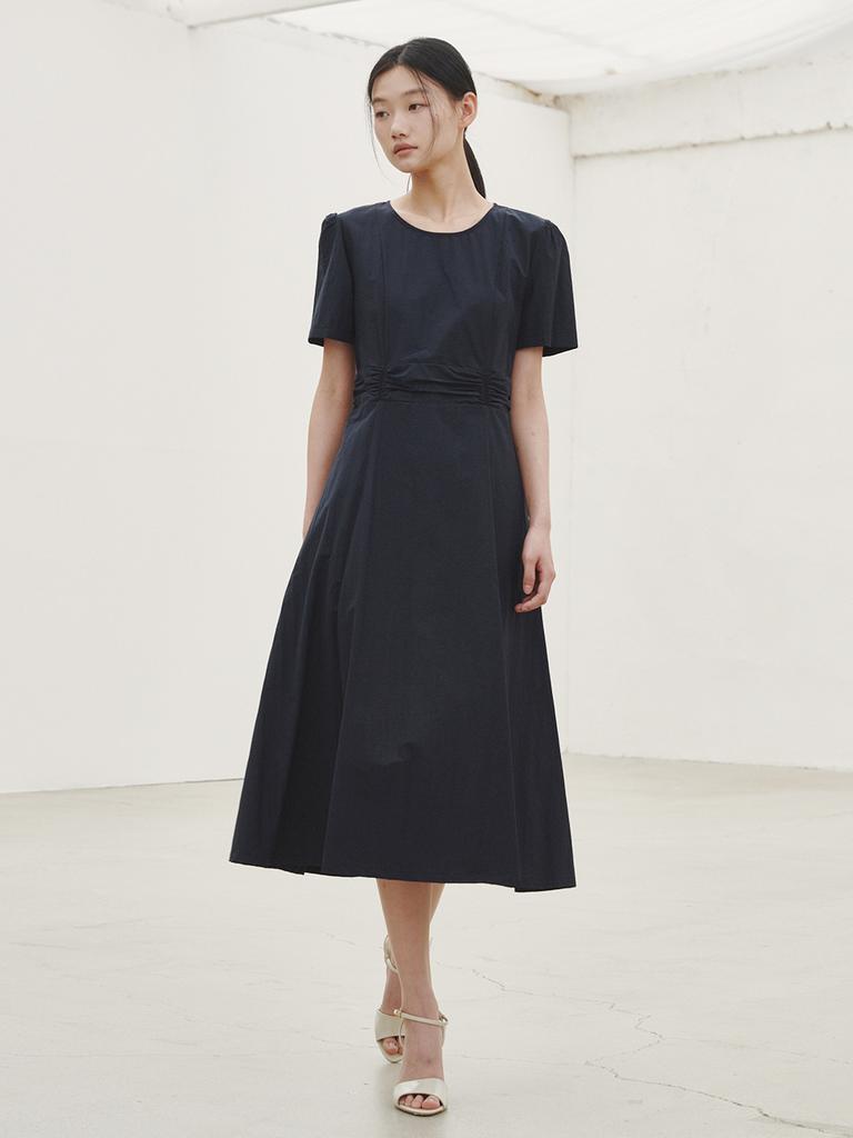 Nub Round Neck Shirring Point Dress - Navy
