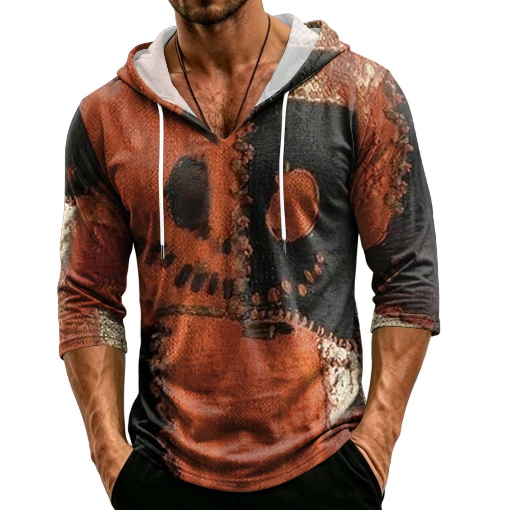 Men's Loose Fit Hooded Three-Quarter Sleeve Halloween Print Pullover