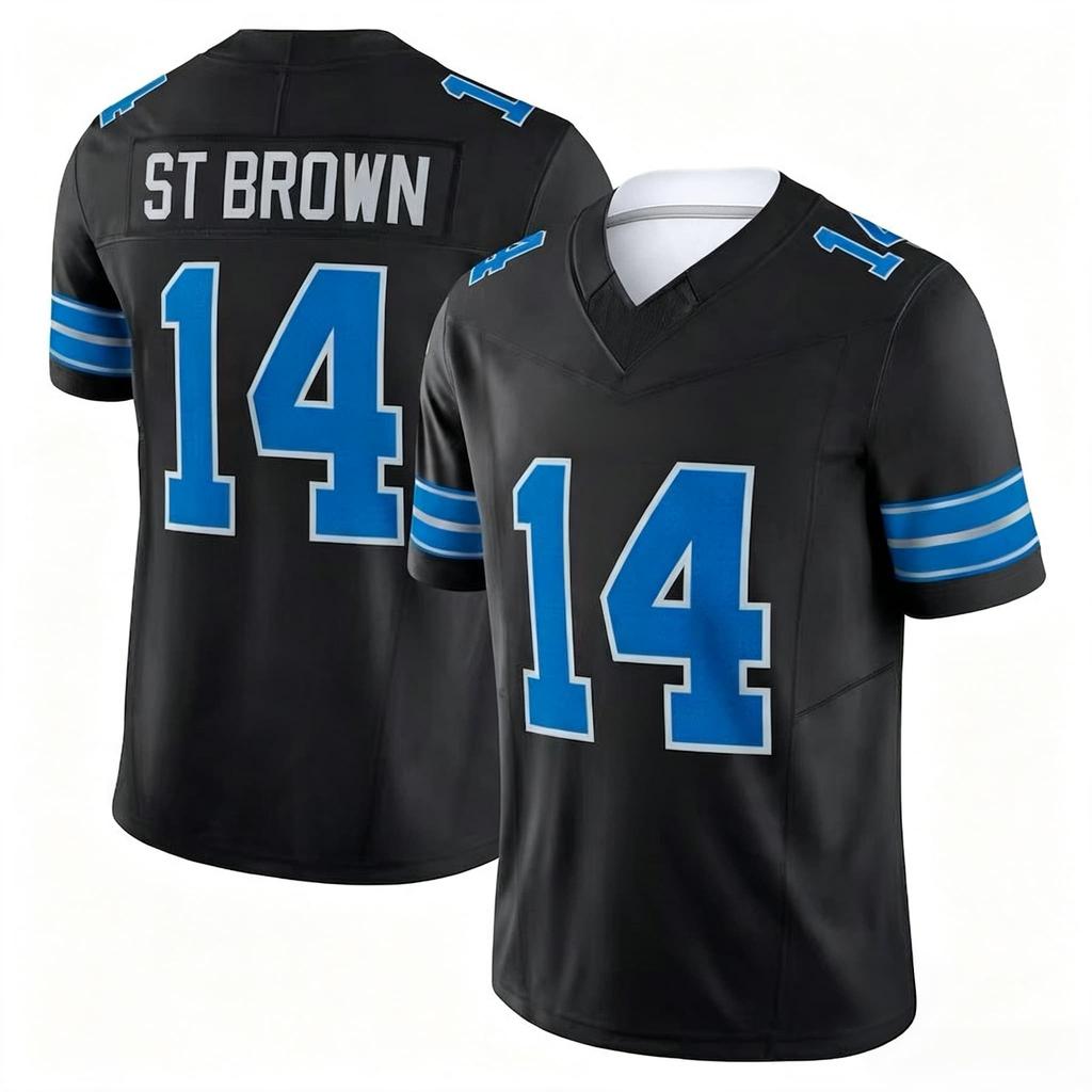 Men's #14 Amon‑Ra St Brown Blue Short Sleeve American Football Top Rugby Sport Uniform for  Sports Fans Family Matching