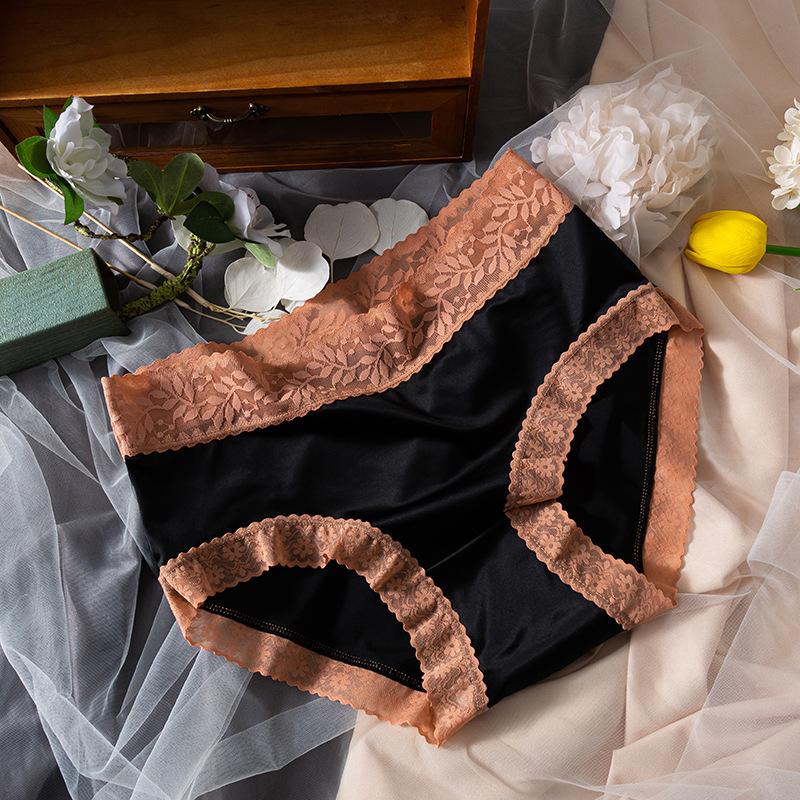 Ladies Spring and Summer Clash Color Lace Edge Naked Sense Without Trace Ice Silk High Waist Triangle Briefs