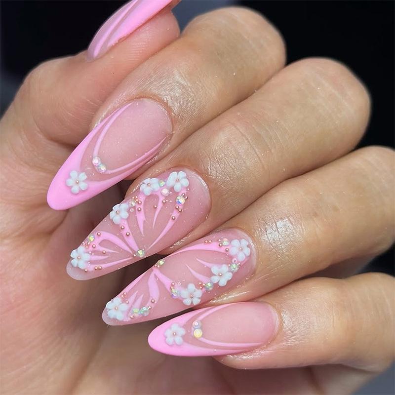 

Almond Butterfly Press-On Nails: Handmade French Manicure with Pink Flower Stickers