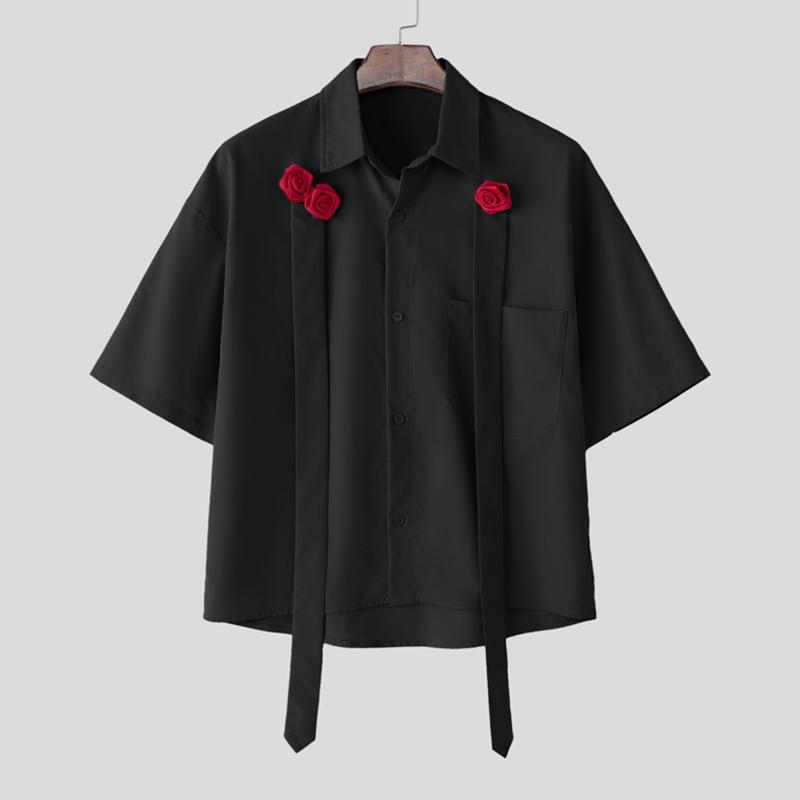 

INCERUN Oversized Men Lapel Neck Short Sleeve Flowers Causal Tassel Shirts чёрный