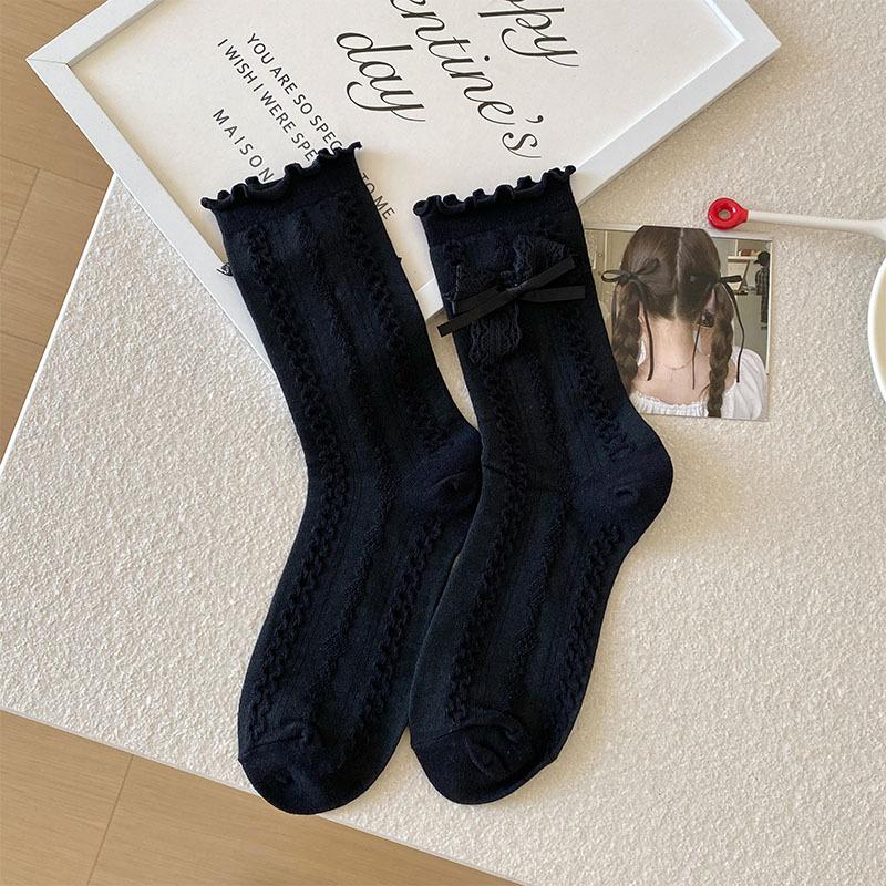 Female Spring Summer New Style Sweet Lace Edge Bow In The Tube Pile Socks