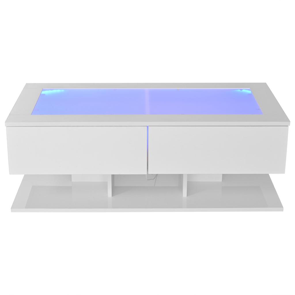 100*50*35cm Coffee Table, High Gloss Sofa Table, Living Room Table with Drawers, Coffee Table with LED Light, Glass Top, White
