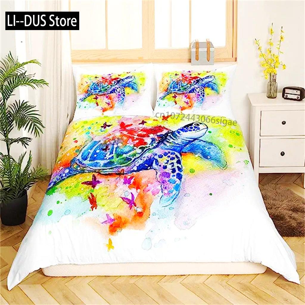 Sea Turtle Duvet Cover Green Blue Ocean Bedding Set Colorful Underwater World For Kids Child Women Nautical Sea Animal Reptile