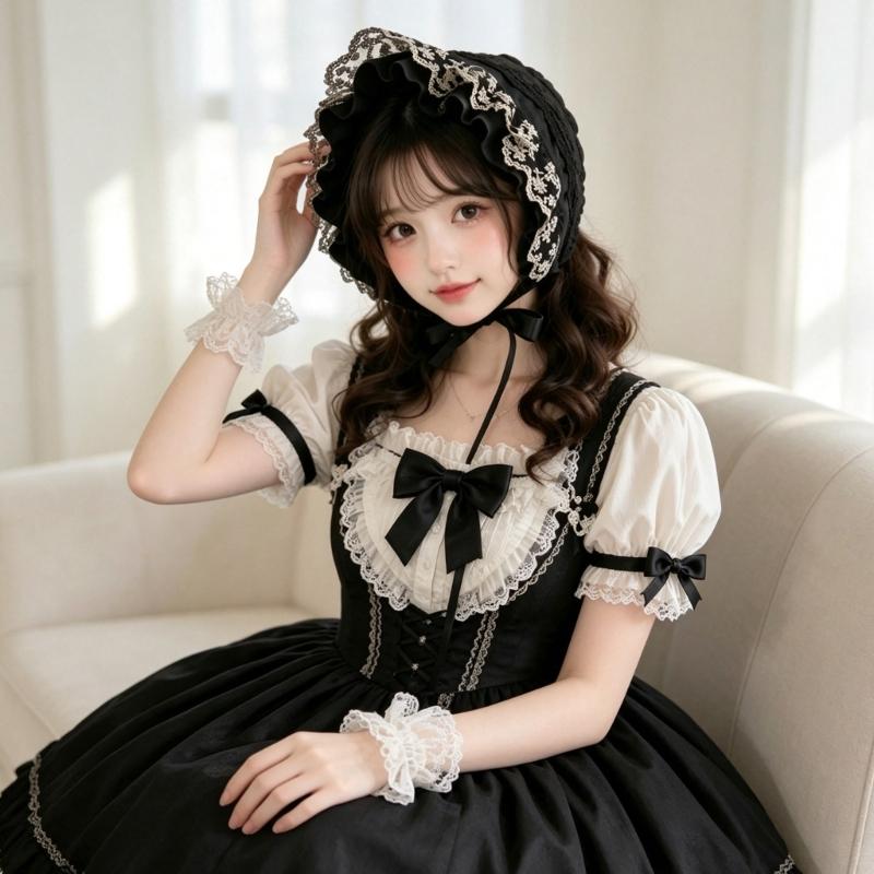 Gekräuselte Spitzenhaube mit Blumenstickerei und faltbarem Design für Cosplay, Anime-Maid und Theaterkostüm-Styling