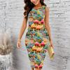 Women Plus Size Sleeveless Round Neck Midi Bodycon Dress Colorful Watercolor Floral Print Slim Fitted Dress