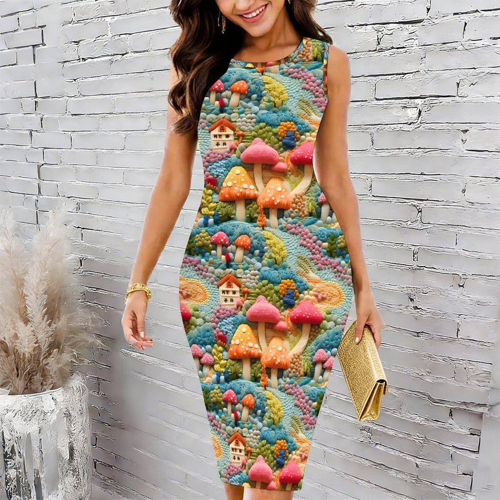 Women Plus Size Sleeveless Round Neck Midi Bodycon Dress Colorful Watercolor Floral Print Slim Fitted Dress
