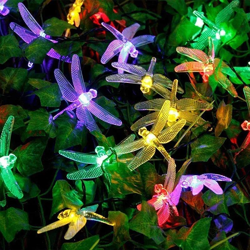 Colorful Dragonfly Solar String Lights Outdoor Waterproof Dragonfly Lights Festival Night Lamp Patio Garden Wedding Decoration