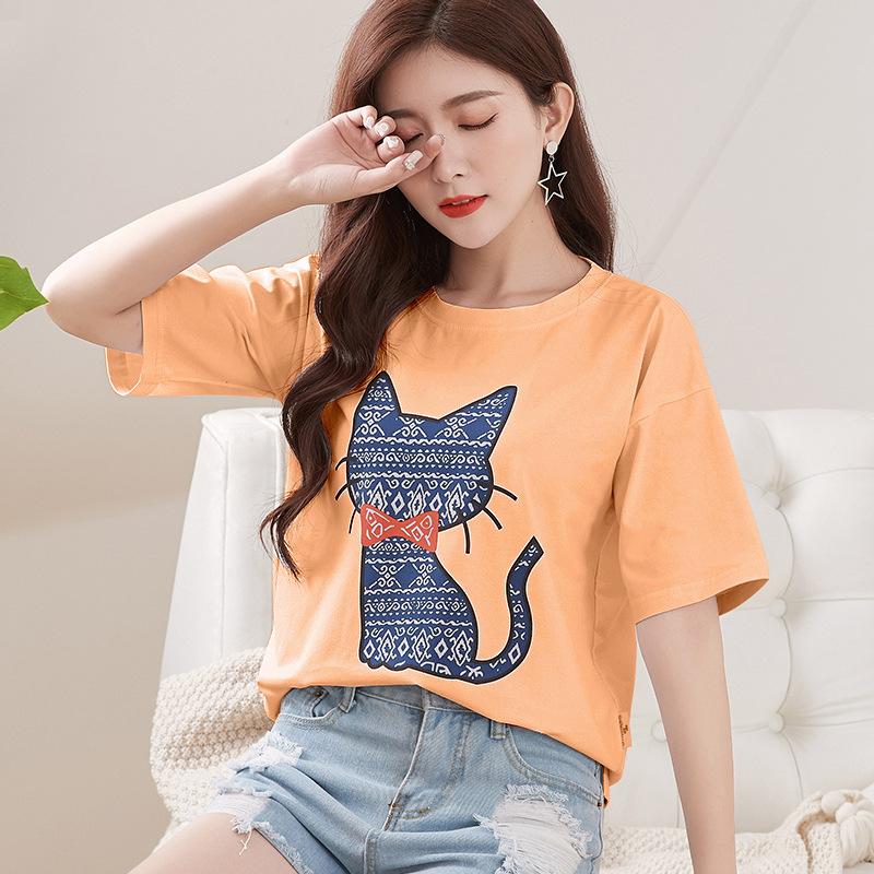 Spring New Short-sleeved Ins Korean Version T-shirt Girls Round Neck Casual Printed Tops Fashionable and Cute Women's Clothing